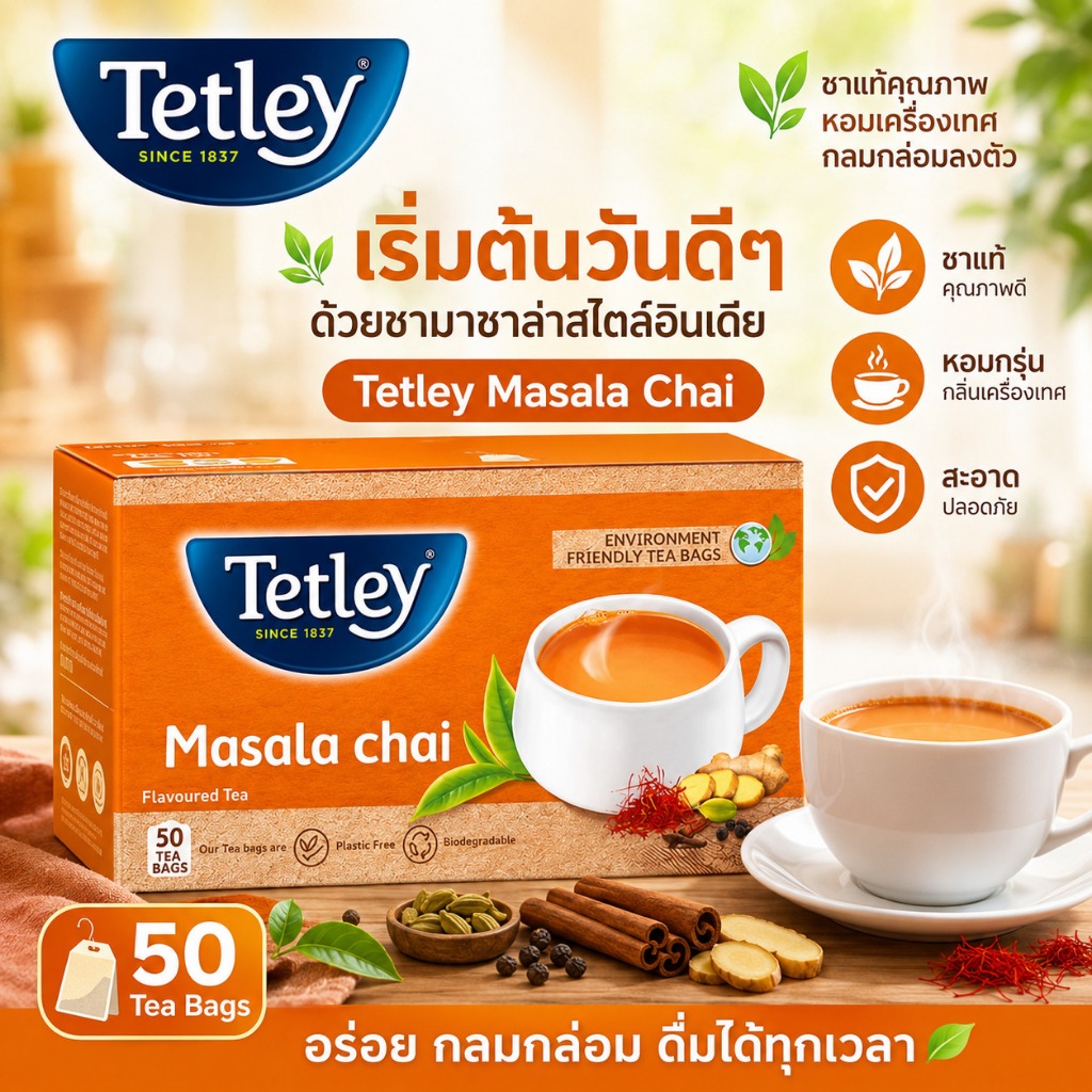 TETLEY MASALA CHAI SPICY FULL - BODIED BLACK TEA 50 TEA BAGS - 100G