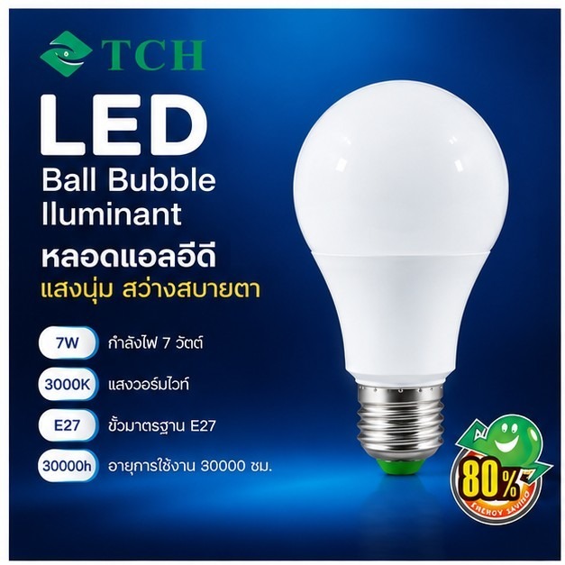 หลอดไฟ LED TCH Ball Bubble Illuminant 7W ขั้ว E27 3000K Warm White รุ่น LA-7W-1