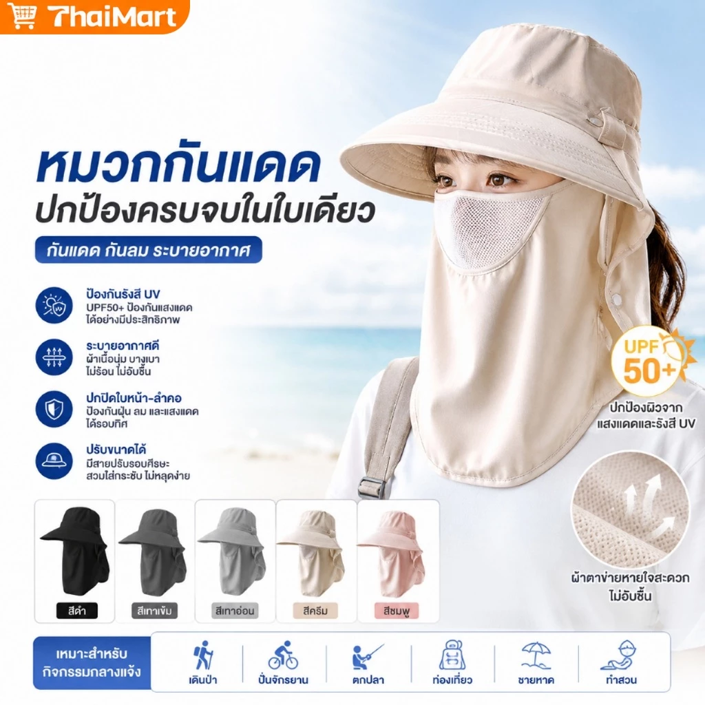 หมวกกันแดดป้องกันรังสียูวี UPF50+ พร้อมที่บังคอและใบหน้าในตัว และที่บังหน้าแบบถอดได้ ป้องกัน 360 องศา