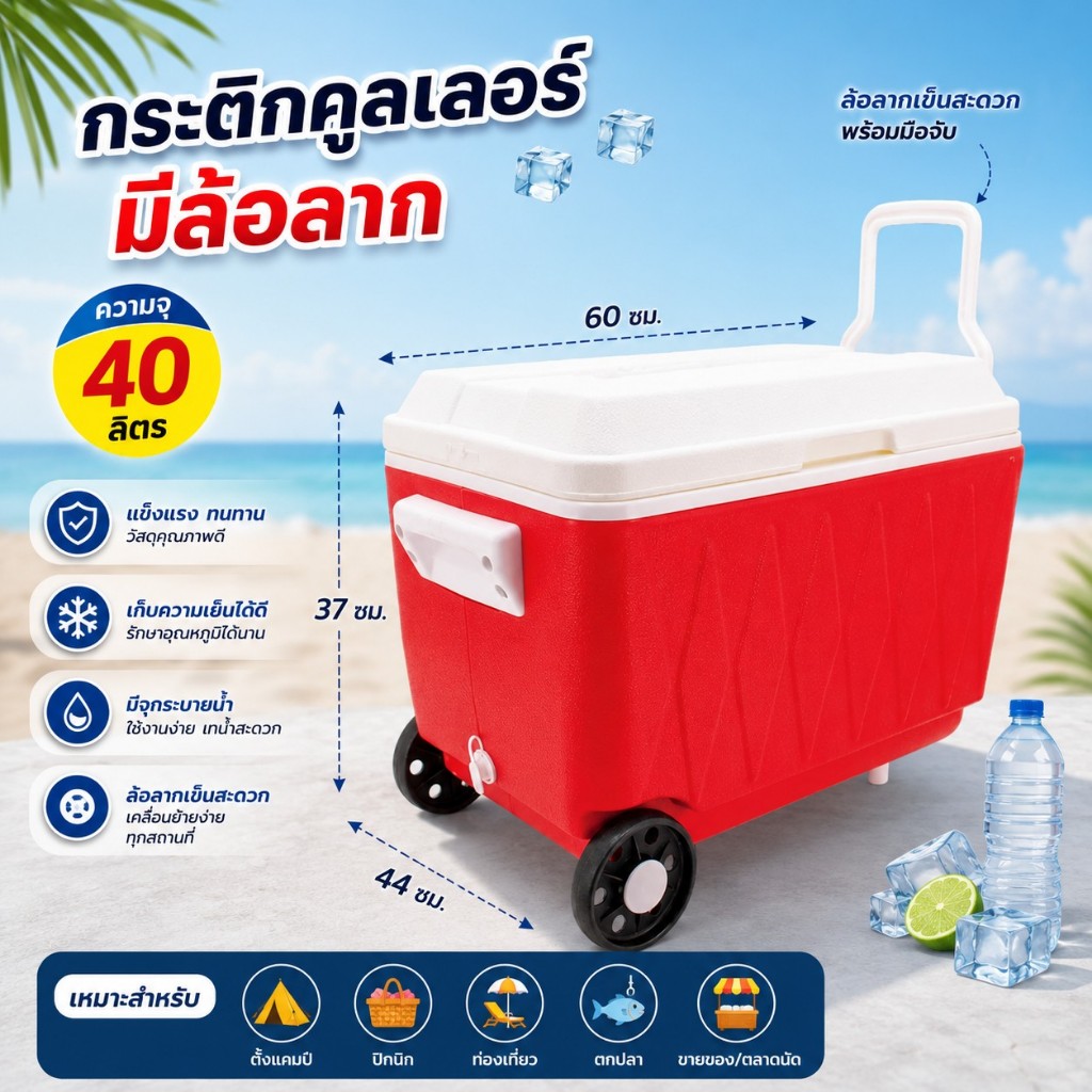PB-803 Happy Ware กระติกคูลเลอร์ มีล้อลาก ความจุขนาด 40 ลิตร( สั่งครั้งละ1รายการ เพื่อลดความเสียหายระหว่างจัดส่งสินค้า )