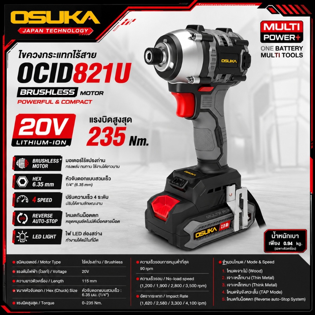 OSUKA ไขควงกระแทกไร้สาย OCID821U-D1 | Motor brushless