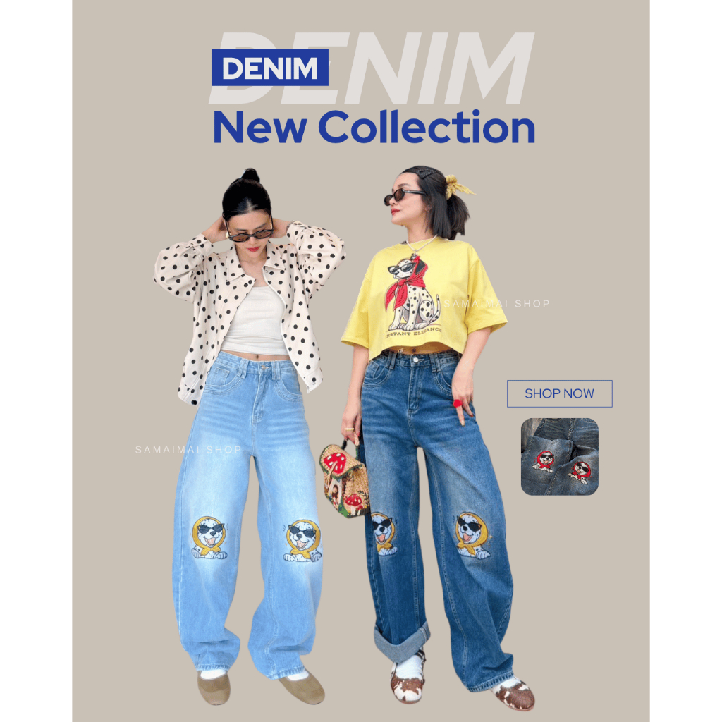 กางเกงยีนส์ขายาว ทรงบอลลูนงานปักน้องหมาสุดคิ้วท์ Collection แบรนด์แท้ร้านสมัยใหม่