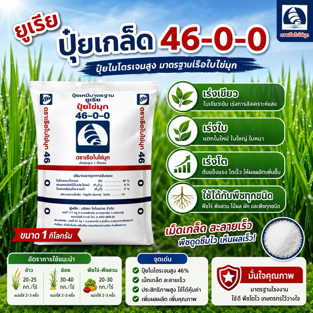 ปุ๋ยเกล็ดเรือใบ สูตร 46-0-0 ปุ๋ยยูเรีย 1 กิโลกรัม