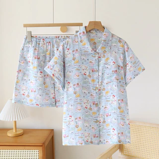 ชุดนอนผ้าฝ้ายมัสลิน เสื้อแขนสั้นกางเกงขาสั้น 🚚พร้อมส่ง🚛