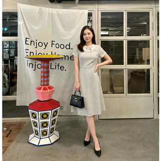 PNK046✨ Kathy Dress เดรสแขนสั้น คอปก ผูกโบว์ กระดุมหน้า ผ้าทวีต สุภาพ ดูดี ลุคทำงาน Pinky Dressy