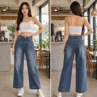 FLAER Denim Studio ส่งจากไทย กางเกงยีนส์ผู้หญิงเอวสูง 9 ส่วน ขากระบอกตรง ทรงหลวม สีฟอกวินเทจ มีหลายสี พรางหุ่น ใส่สบาย