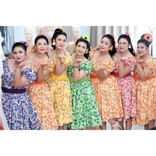 เดรสสุ่มทองกวาวดอกเล็ก ชุดทองกวาว ชุดย้อนยุค ชุดรำวง