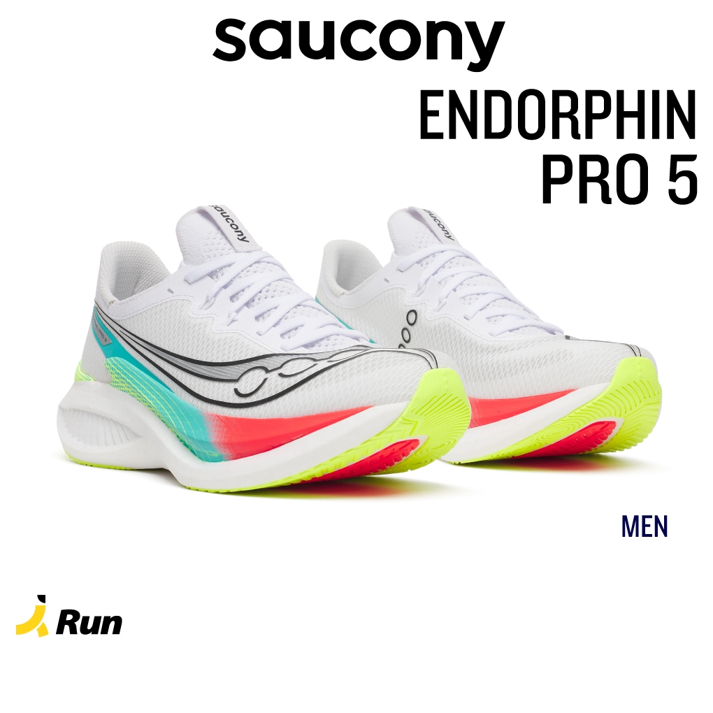 Saucony Men's Endorphin Pro 5 White Multi รองเท้าวิ่งผู้ชาย รองเท้าวิ่งคาร์บอน
