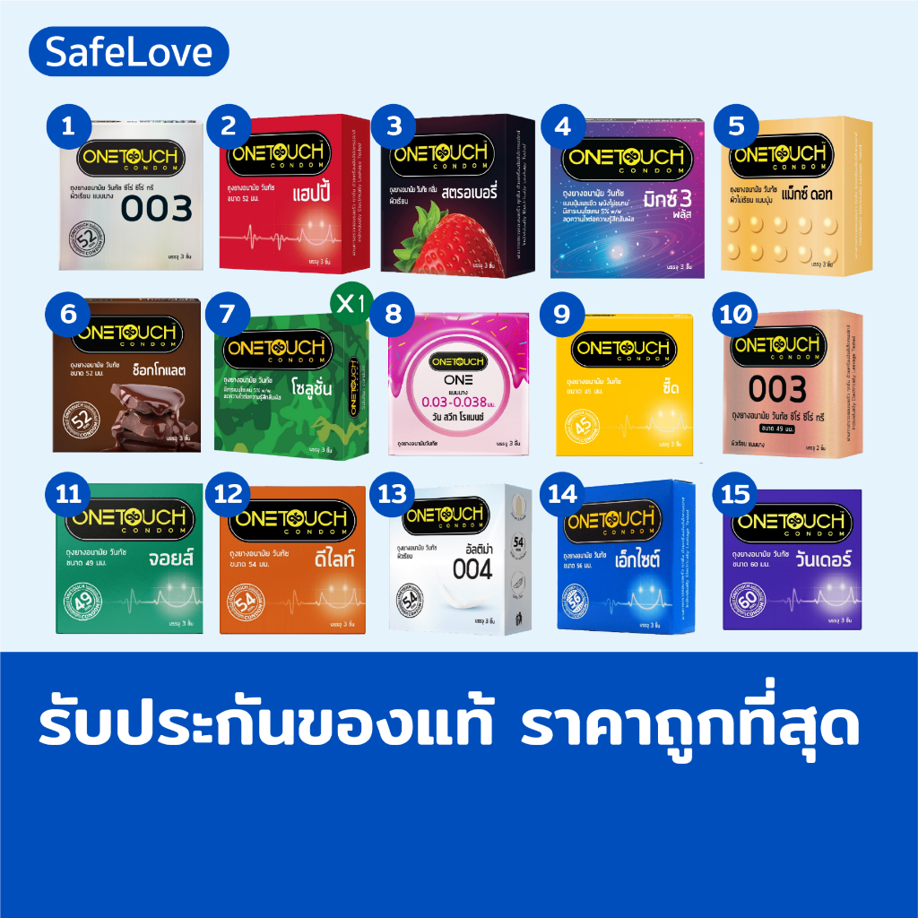 Onetoucth ถุงยางอนามัย วันทัช ถุงยาง49 ถุงยาง52 ถุงยาง54 ถุงยาง56 ถุงยาง003 (2-4 ชิ้น/กล่อง)