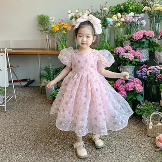 PRINCESS KESLI 2-12 ปี เดรสเด็กหญิง ชุดเดรสเด็กผู้หญิง ชุดเจ้าหญิงลายดอก สไตล์เกาหลี ชุดสั้นแขนฟู ผ้าตาข่าย