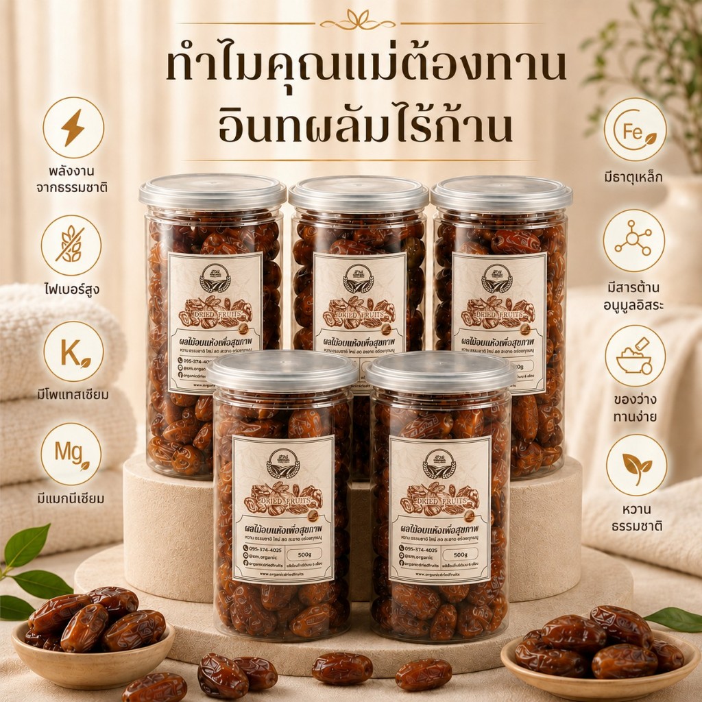 โปร 5 กระปุก อินทผลัมเพิ่มน้ำนม เดกเลทนัวร์ไร้ก้าน สำหรับคุณแม่ตั้งครรภ์ คัดคุณภาพ เนื้ออวบ ฝาซีลสีเทา 500g [สวนOrganic]