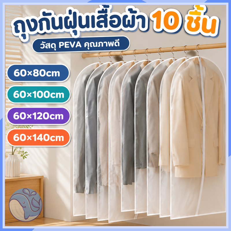 ถุงคลุมเสื้อผ้า PEVA กันฝุ่นและความชื้น มี 4 ขนาด ถุงคลุมกันฝุ่น ที่คลุมเสื้อผ้า ถุงเก็บเสื้อผ้า มีซิป（ แพ็ค 10 ชิ้น）