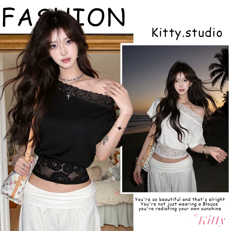 Kitty พร้อมส่ง🌸 เสื้อครอปท็อป ไหล่เฉียง ลูกไม้ กระชับเอว ขอบลูกไม้ ปิดกระดุม ผ้ายืดหยุ่น ผ้าระบายอากาศ สาวเผ็ด