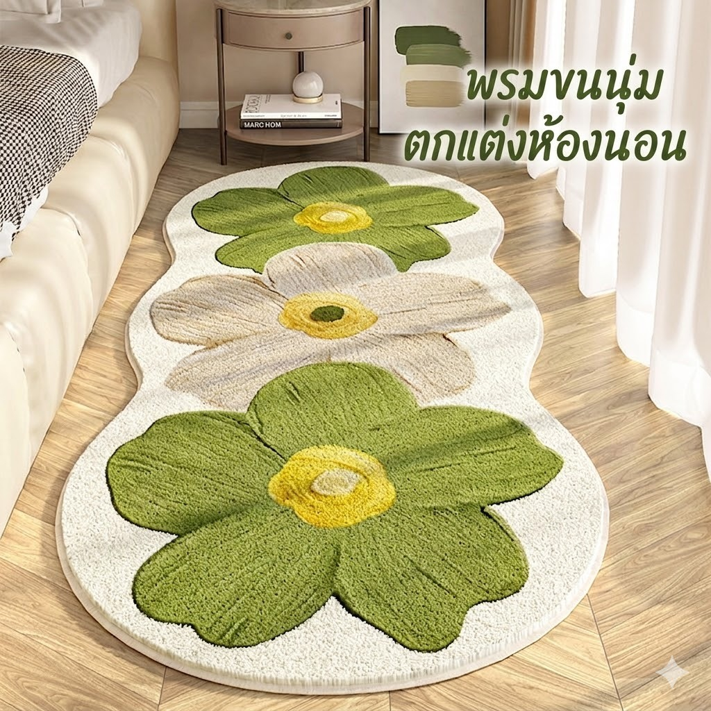 พรมขนนุ่มขนแกะ มี 4 ไซส์ 2 สี พรมลายดอไม้มินิมอล พรมตกแต่งบ้านใหดูสวย