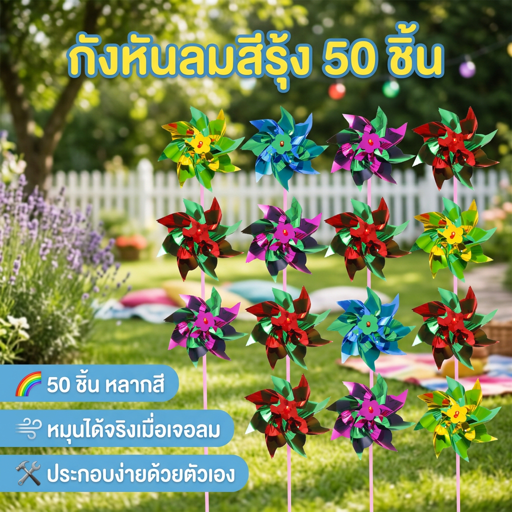 กังหันลมพลาสติก 50 ดอก หลายสี Pinwheel จัดสวน ตกแต่งสนามหญ้า กระถาง ระเบียง ของเล่นเด็ก ปั่นลม