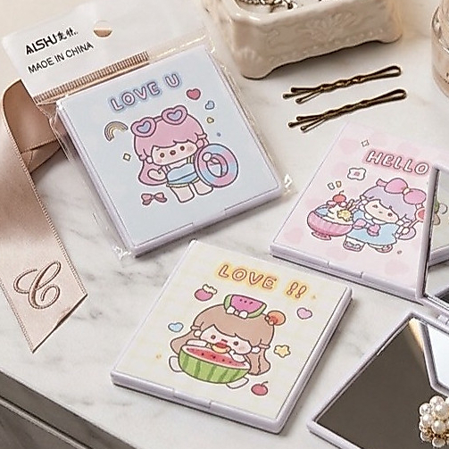 🔥แพ็ค12ชิ้น (123)🔥 ตลับกระจกสี่เหลี่ยม ลายการ์ตูนน่ารัก หลากสีสัน น่ารัก น่าใช้
