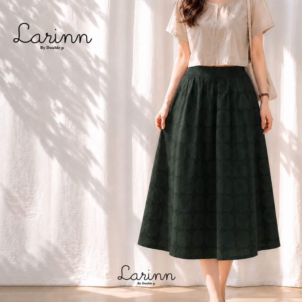Larinn Wave Green polkadot กระโปรงยาวทรงเอไลน์ ลายจุดคลาสสิก