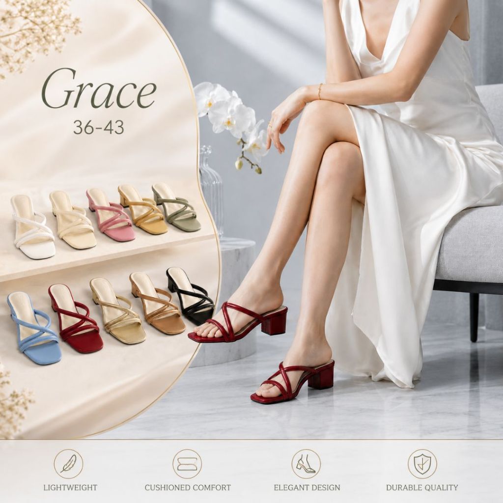 GRACE รุ่นสายกลมพรีเมี่ยม ส้น 2นิ้ว และ 1.25นิ้ว รองเท้าแฟชั่นส้นสูงผู้หญิง นิ่มไม่กัดเท้า ไซส์36-43