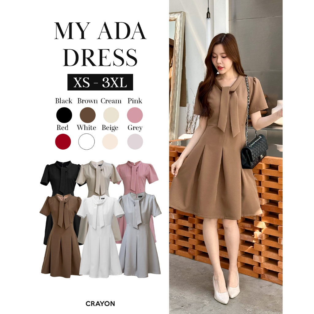 (XS-3XL) My ada dress - ชุดเดรสทำงาน ชุดทำงานผู้หญิง เครสคอไทด์ กระโปรงจีบทวิสน่ารัก - CRAYONBRAND