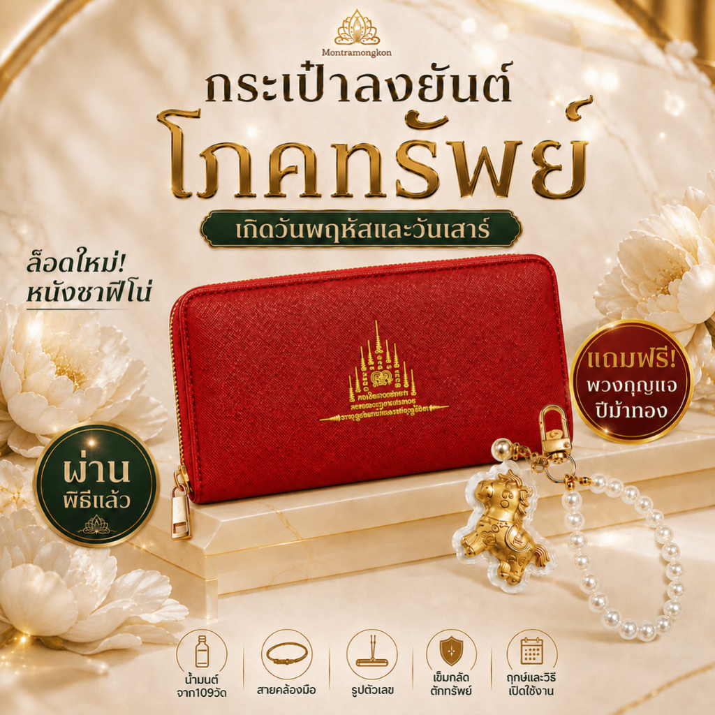 [ฟรีพวงกุญแจ]กระเป๋าสตางค์ลงยันต์โภคทรัพย์(ไม่ลอก)+ของแถมสายมู6ชิ้น+ฤกษ์เปิดสุดปัง