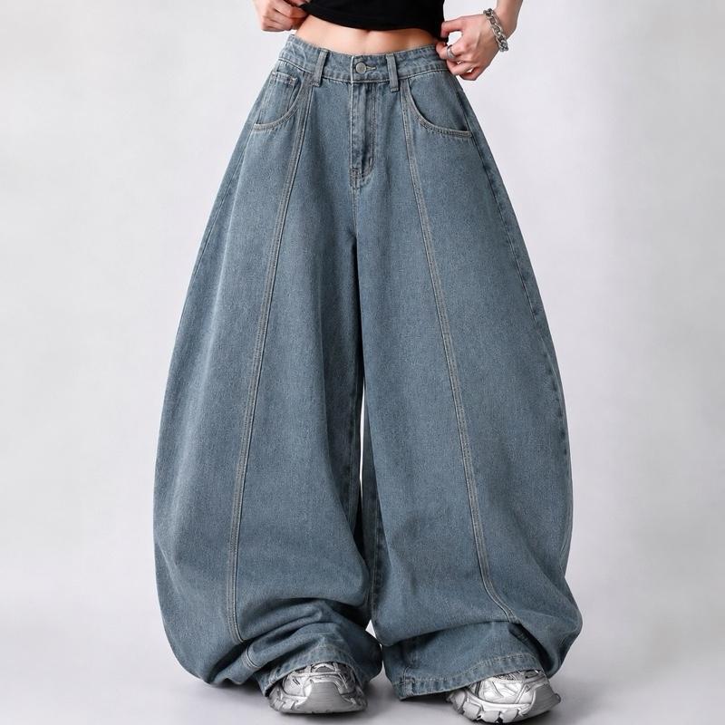 JINJEANS #7053 กางเกงยีนส์ทรงบอลลูนสียีนส์นัว XS-6XL ขากว้าง สะโพกใหญ่ ใส่สบาย เลือกความยาวได้