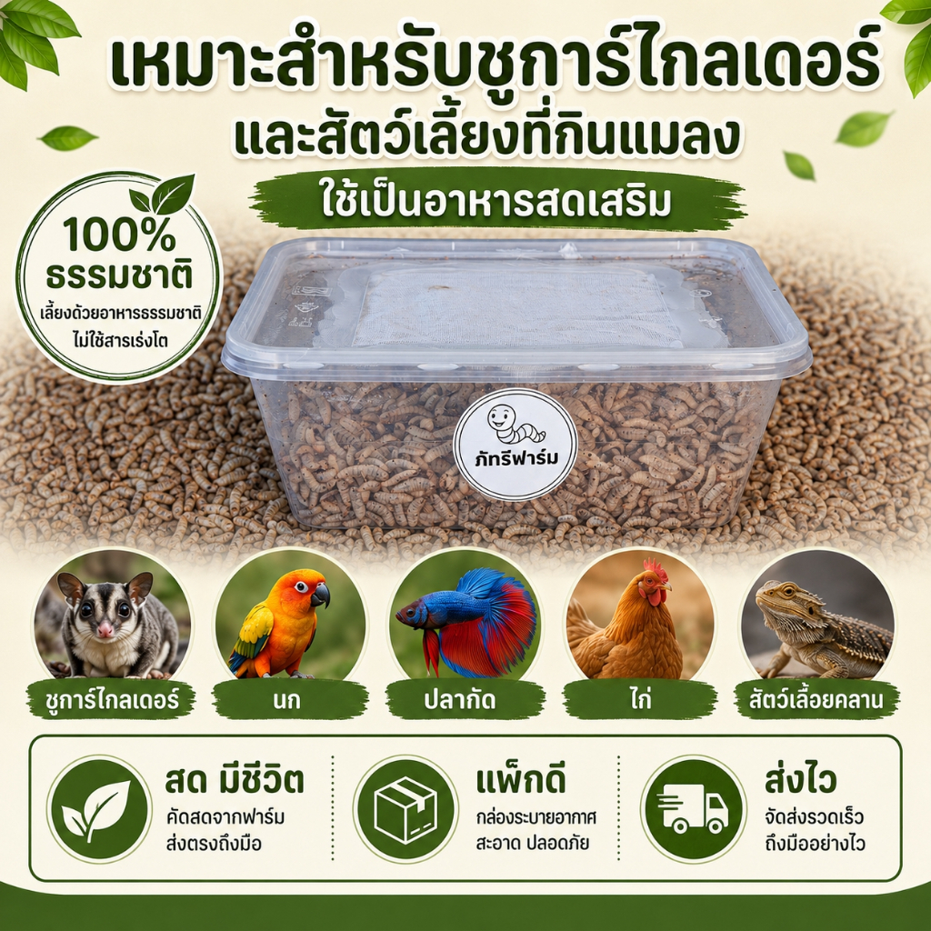 หนอนแมลงวันลาย หนอนโปรตีน BSF สด มีชีวิต อาหารสดเสริมสำหรับชูการ์ไกลเดอร์ นก ปลา ไก่ กิ้งก่า 200g 500g 1kg