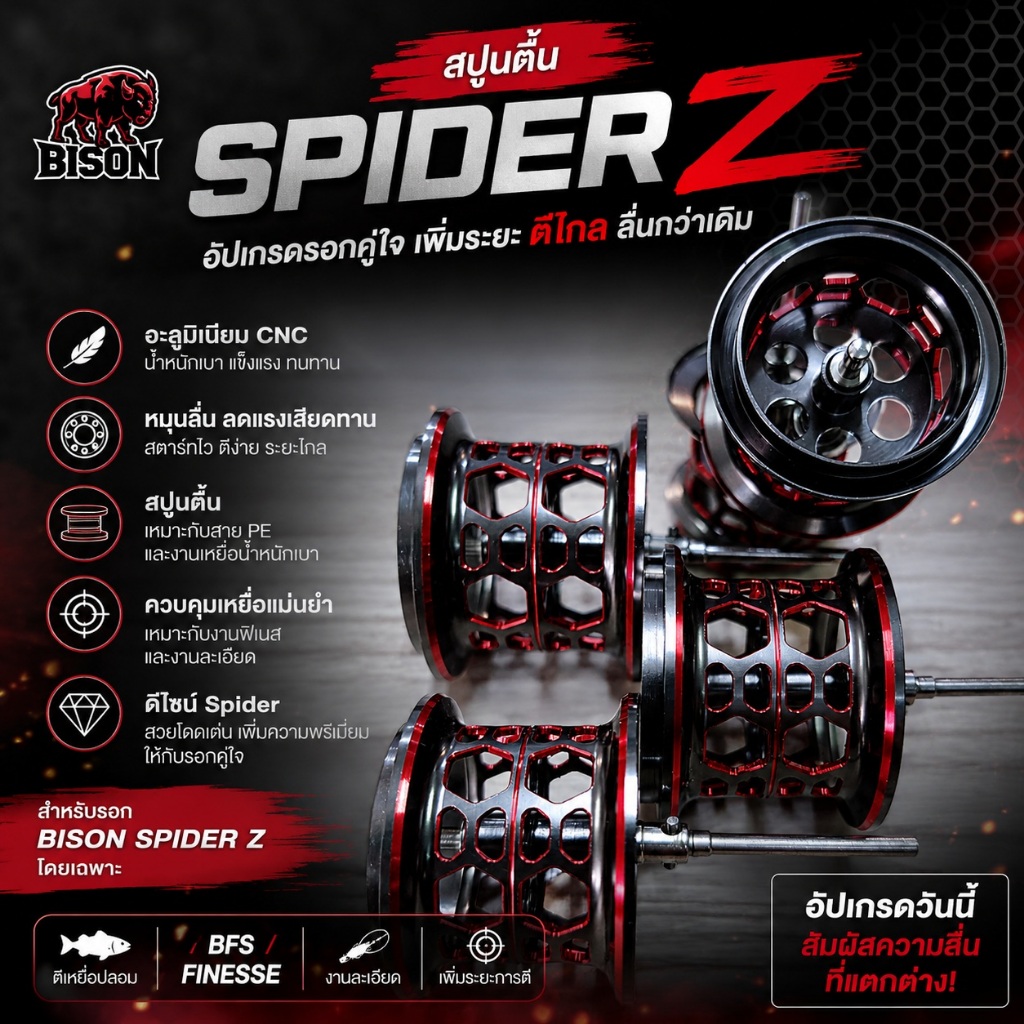 สปูนตื้น BISON SPIDER Z (Shallow Spool) – อัปเกรดสายตีเหยื่อปลอมให้ลื่นกว่าเดิม