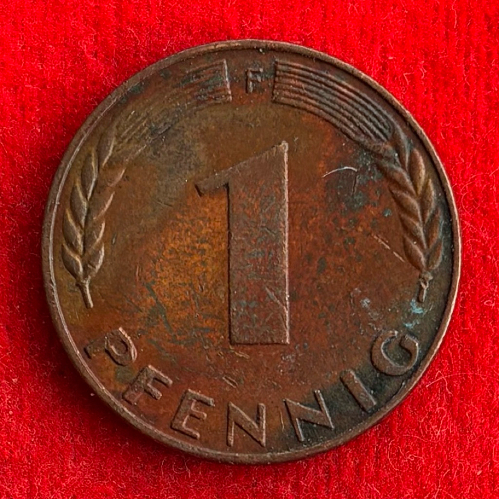 🇩🇪 เหรียญเยอรมัน Germany 1 pfennig ปี 1950F เหรียญ​ต่างประเทศ