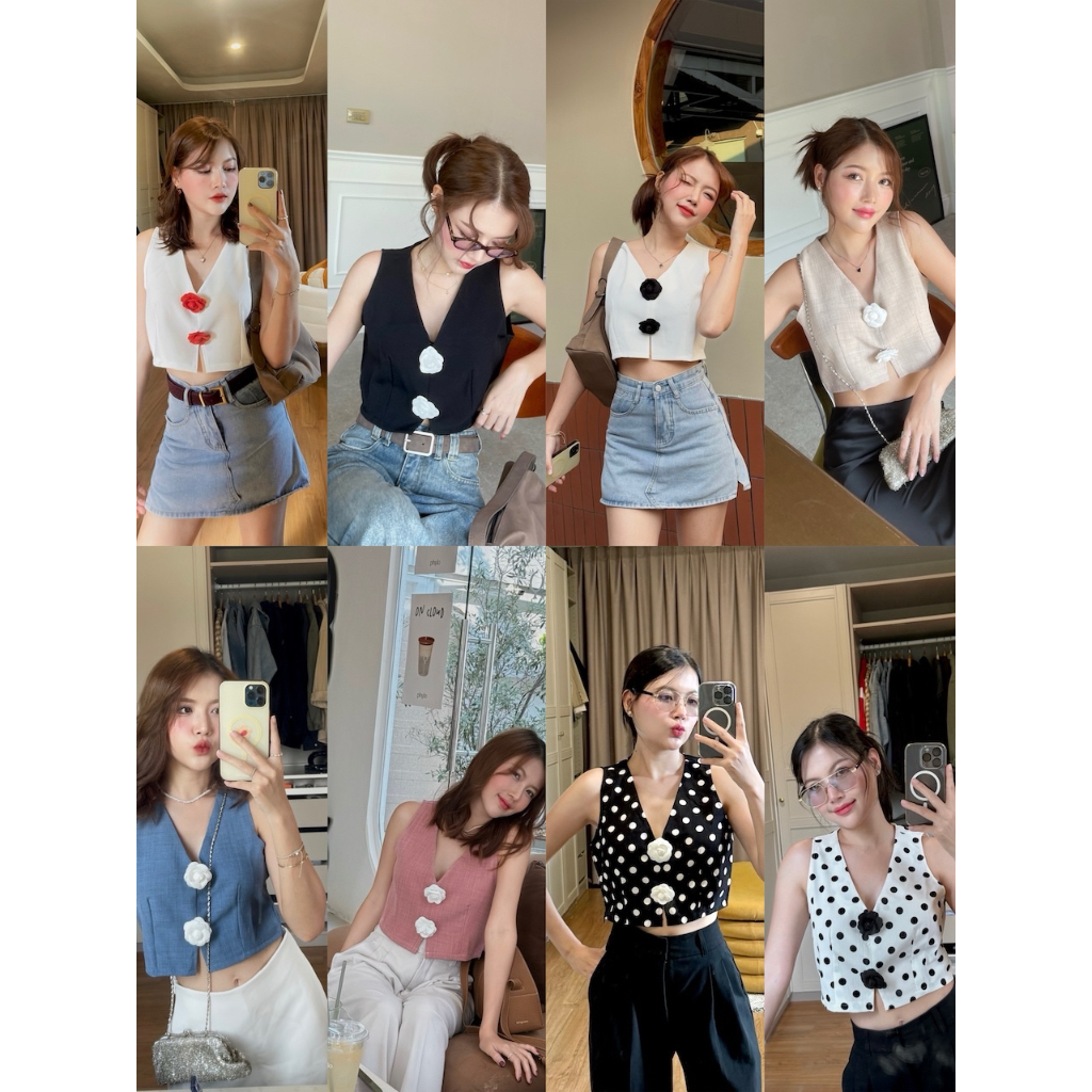 M15-  เสื้อครอปแขนกุดคอวี แถมเข็มกรัดดอกไม้ น่ารักมาก งานซิปข้าง