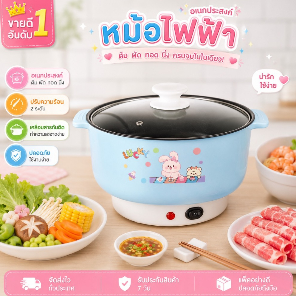 22cm หม้อไฟฟ้าอเนกประสงค์  หุง อุ่น ตุ๋น ต้ม เคลือบเทปล่อน ความจุ 2 ลิตร