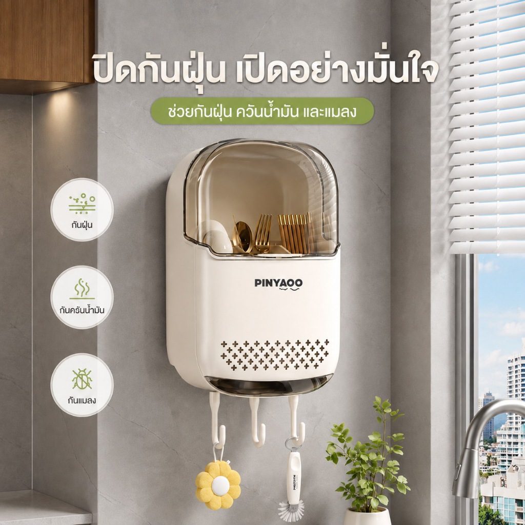 KANO กล่องเก็บตะเกียบ ที่ใส่ช้อน ใส่ช้อนส้อม ติดผนัง รูปที่ 8