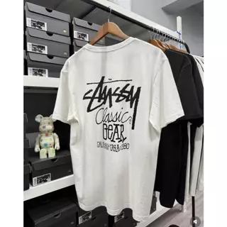 STUSSY CLASSIC GEAR TEE PIGMENT DYED เสื้อยืดแขนสั้นตัวอักษรผู้ชายครึ่งแขนสำหรับผู้ชายและผู้หญิง