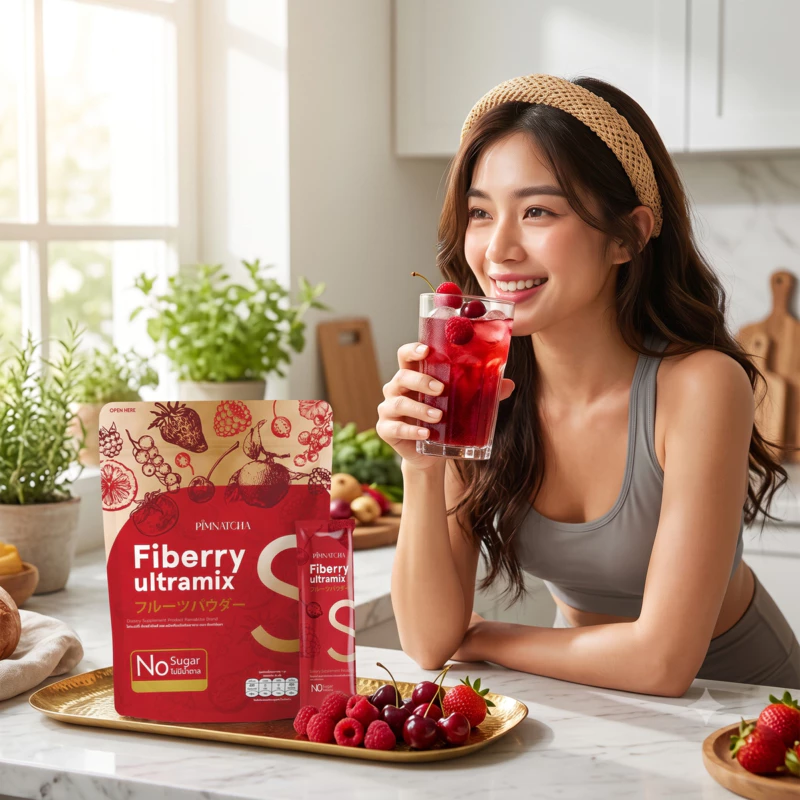 Pimnatcha  Fiberry ไฟเบอร์รี่ พิมพ์นัชชา รสเบอร์รี่  1 ห่อ 30 ซอง ปริมาณ 450 กรัม Sheint thumbnail 5