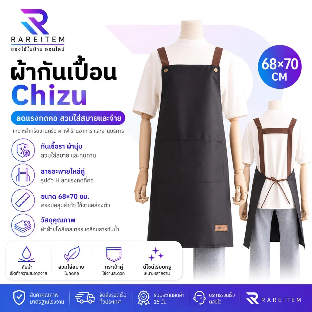 RAREITEM ผ้ากันเปื้อนกันน้ำ มีกระเป๋า สำหรับเข้าครัว ทำอาหาร ร้านกาแฟ (ปรับระดับได้) สินค้าพร้อมจัดส่ง