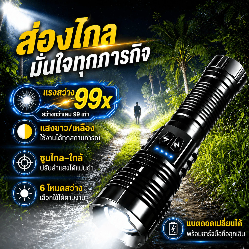 ไฟฉาย2สีLEDไฟฉายแรงสูง100000lumensไฟฉายแรงสูง แท้ กันน้ำ ไฟฉายสว่างมากๆ ซูมได้ ไฟฉายชาร์จ ไฟฉายไฟแรงสูงFlashlight
