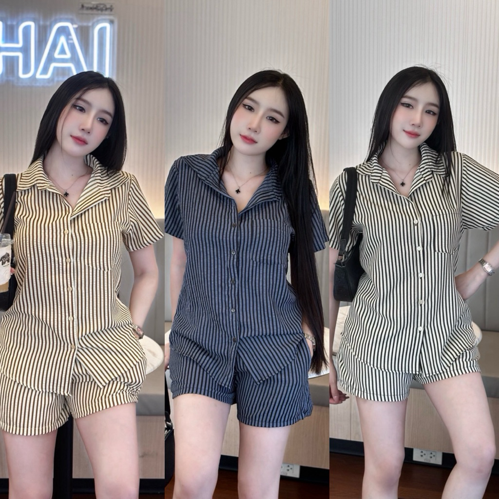 ชุดเซ็ทเชิ้ตแขนสั้น+ขาสั้น ลายริ้ว (ริ้ว333)
