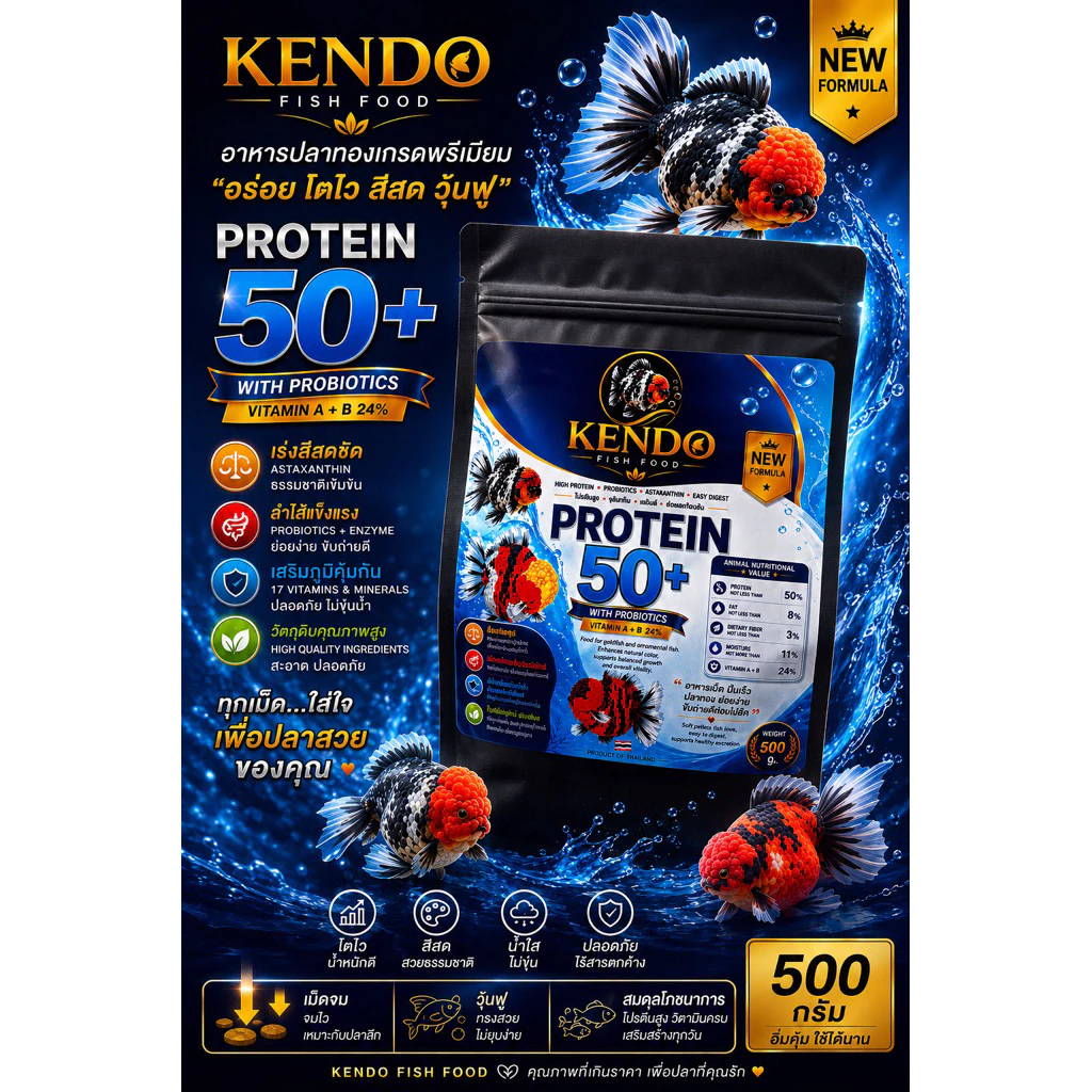 KENDO อาหารปลาทองและปลาสวยงาม โปรตีน 50%+ เม็ดจม 1.2mm เร่งสี เร่งวุ้น โตไว ย่อยง่าย 500g
