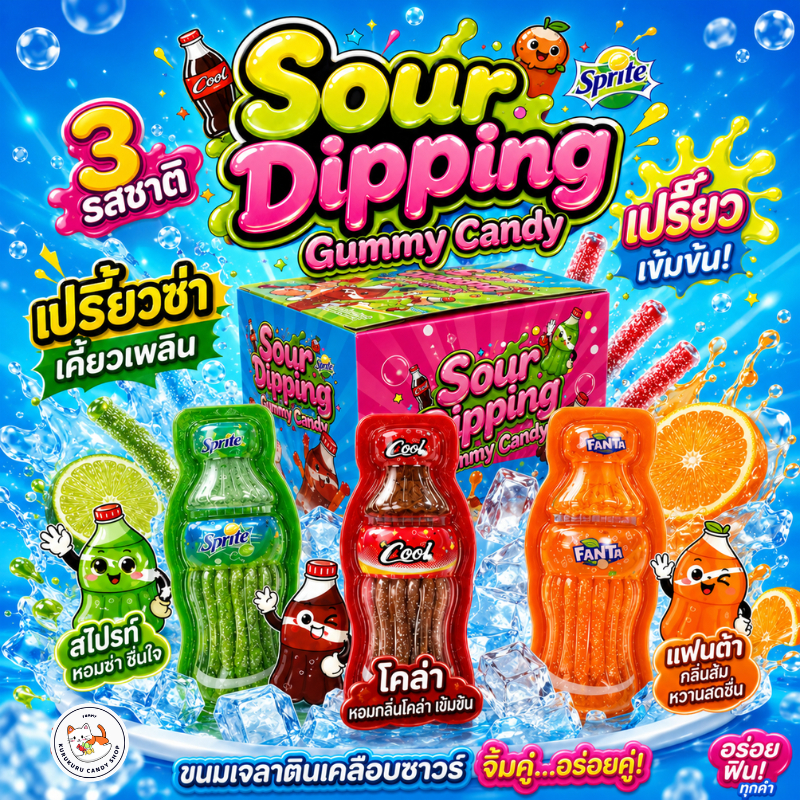 NEW!! เยลลี่ จิ้มจุ่ม ซอสเปรี้ยว Sour Dipping Gummy กัมมี่เส้นคละ 3 รส เปรี้ยวซ่า เคี้ยวเพลิน  หอมอร่อยน่าลอง