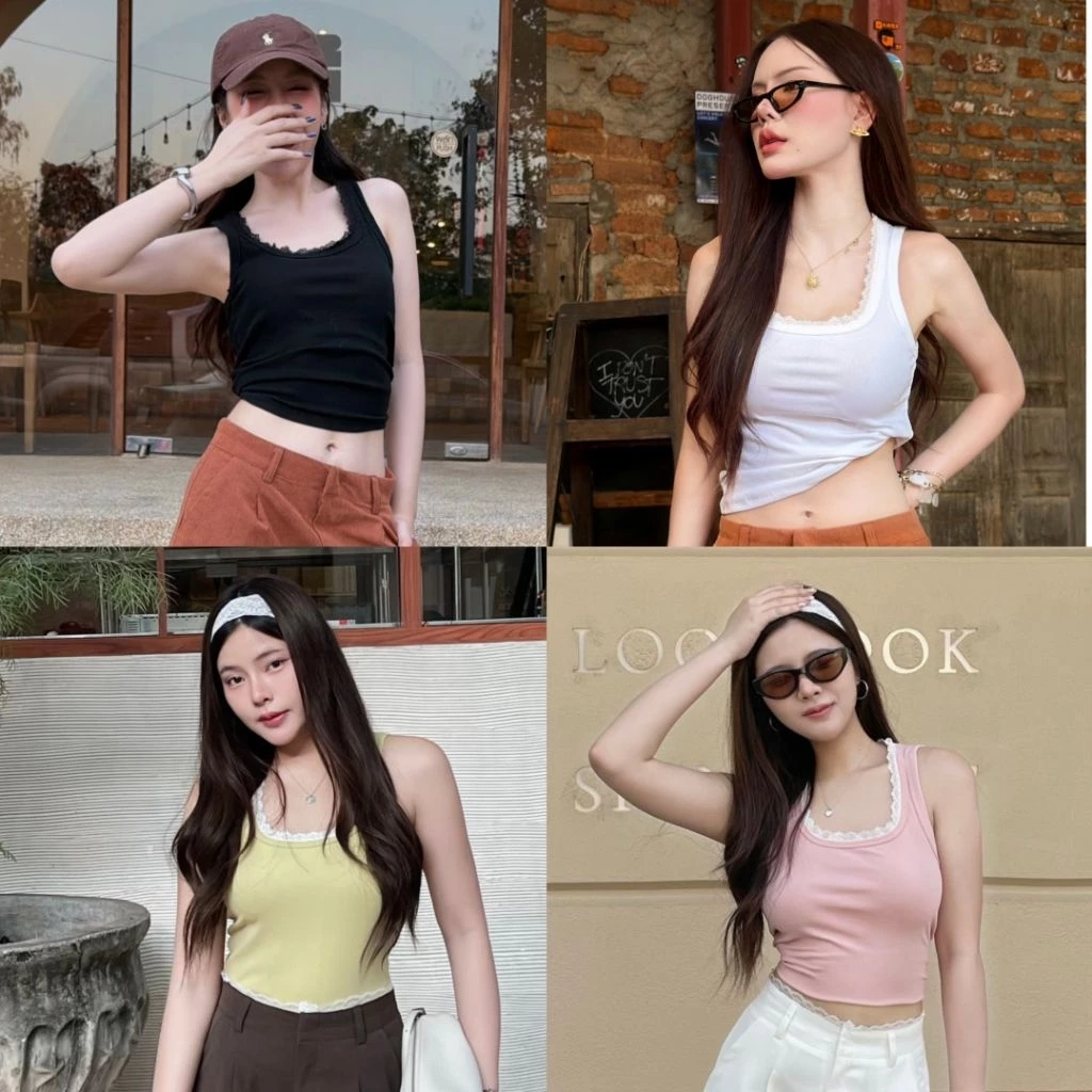 เสื้อกล้ามคอยู ดีเทลแต่งขอบลูกไม้น่ารัก ผ้ายูนิโคล่