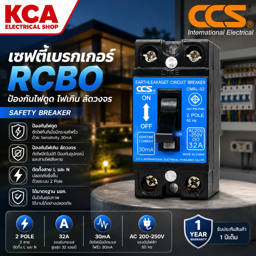 เซฟตี้เบรกเกอร์ กันดูด กันไฟรั่ว กันไฟเกิน กันไฟลัดวงจร Safety Breaker (RCBO) แบรนด์ CCS รุ่น CM6L-32