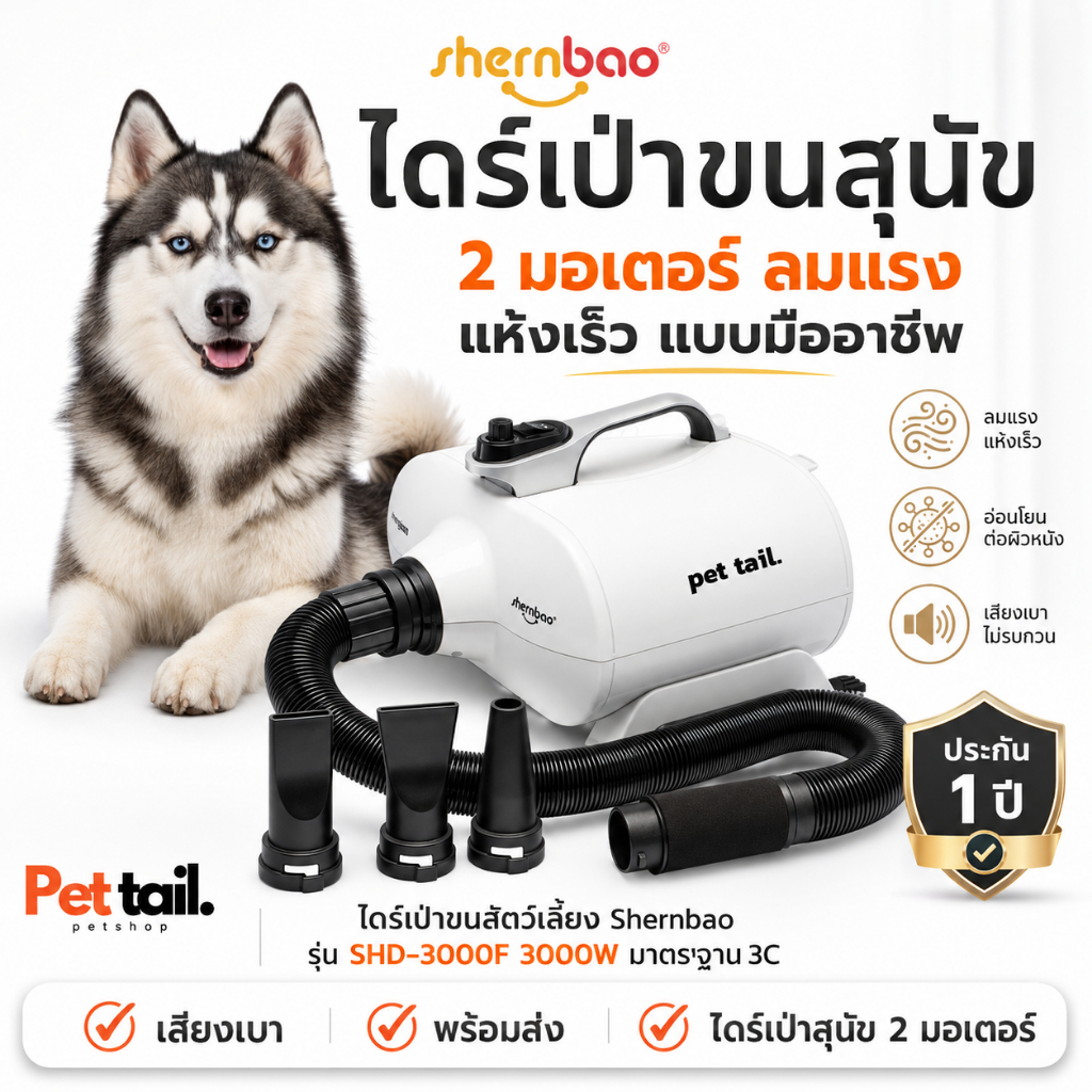 Shernbao ไดร์เป่าขนสัตว์เลี้ยง 2 มอเตอร์ 3000W เครื่องเป่าขนสุนัข แมว แห้งไว ประกัน 1 ปี