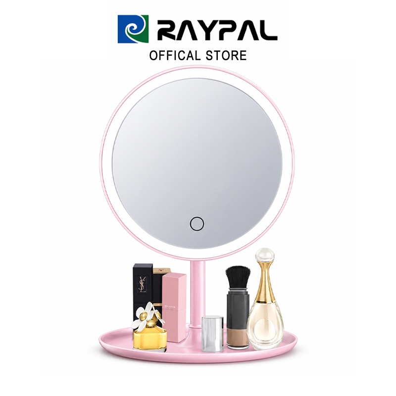 RAYPAL กระจกมีไฟ LED 3ระดับ แบตเตอร์รี่ 1200mAh กระจกแต่งหน้าถาดเก็บของ กระจกแต่งหน้าLED กระจกมีไฟส่องหน้า มีไฟ