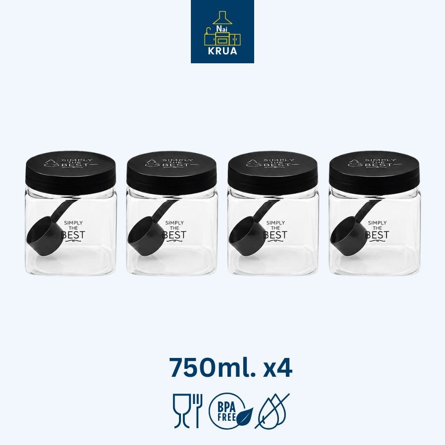 Naikrua กระปุกพลาสติก ทรงเหลี่ยม ความจุ 750ml. แพ็คละ 4ชิ้น แถมช้อน กระปุกใส่เครื่องปรุง Canister Set