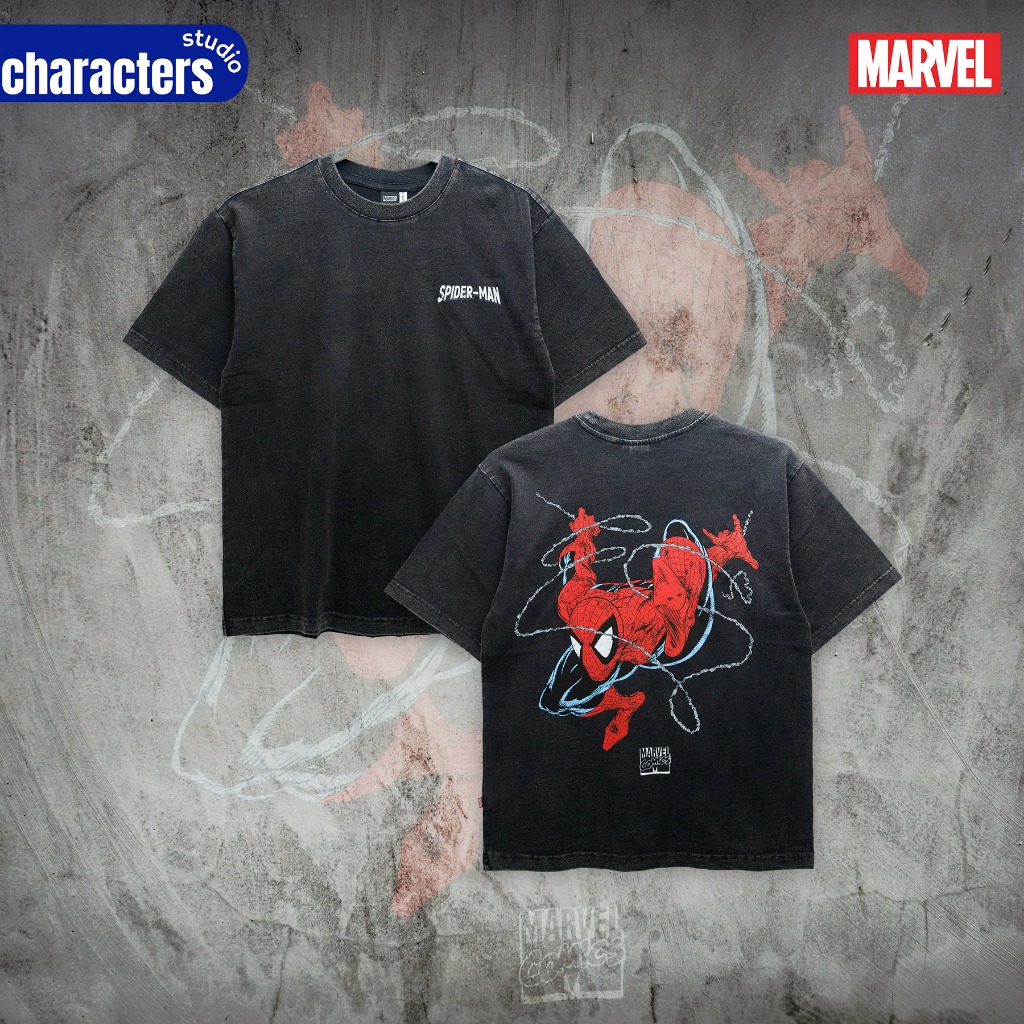 Marvel เสื้อยืดฟอกผู้ใหญ่โอเวอร์ไซส์ ลายสไปเดอร์แมน ผ้า Cotton 100% สินค้าลิขสิทธิ์แท้ Characters Studio
