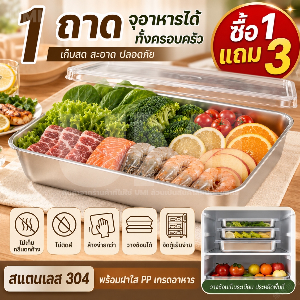ซื้อ1แถม4 ถาดสแตนเลส ใถาดใส่อาหาร ผัก ของหวาน  ขนมปัง ผลไม้ กันน้ำ  กันฝุ่น  ขนาดใหญ่  วางซ้อนกันได้  เก็บรักษาอาหารสด