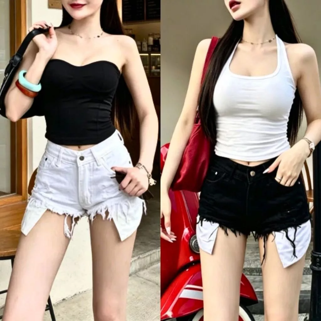 Rosie🌹 กางเกงยีนส์ขาสั้นแบบมีร่องขาด การออกแบบเซ็กซี่ เอวต่ำ เหมาะสำหรับการสวมใส่ที่ชายหาด#6666-6667