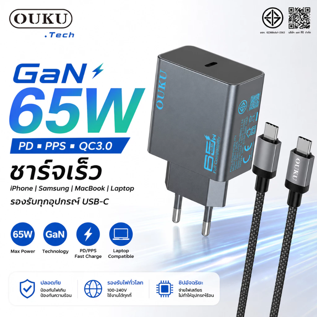 OUKU QC5 หัวชาร์จเร็ว GaN 65W PD PPS USB-C Fast Charger รองรับ iPhone 17 Samsung S25 MacBook Laptop ชาร์จเร็ว