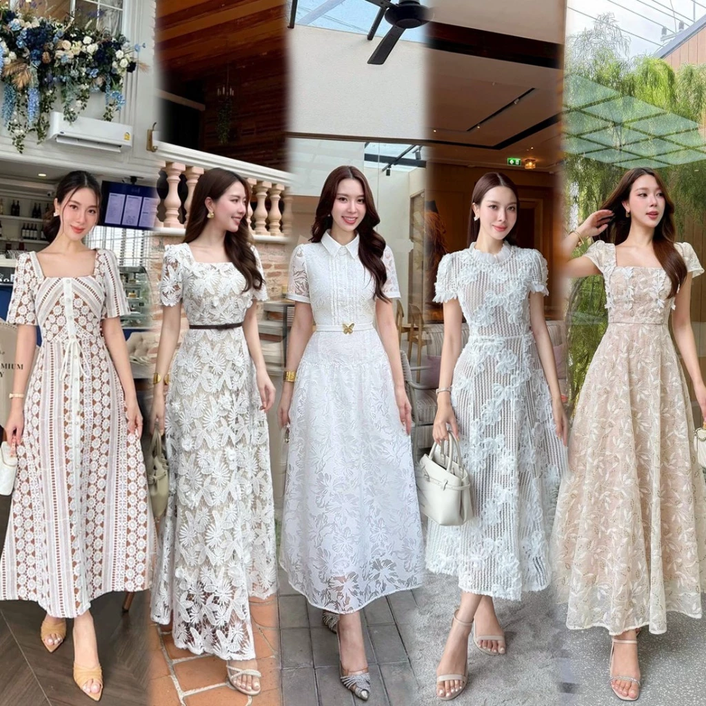 S-XXL ชุดเดรสลูกไม้สีขาว,ครีม,ดำ แต่งระบาย คอเหลี่ยม,คอปก ใส่ทำบุญ งานบวช งานบุญ งานแต่ง
