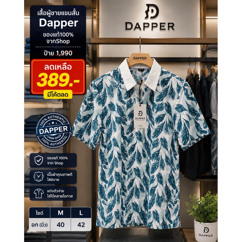 เสื้อผู้ชายแขนสั้นDapper ของแท้100%จากShopป้าย1,990 ลดเหลือ 389.-มีโค้ดลด ไซด์M อก 40,L อก42