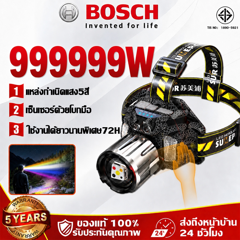 【ชาร์จไฟปีละ2ครั้ง】ไฟฉายคาดหัว 30000mAh แหล่งแสง5สีซุป แสดงผลแบต ซูมแบบยืดหดได้ ระยะไกล10000กม.กันน้ำกันกระแทก ไฟคาดหัว